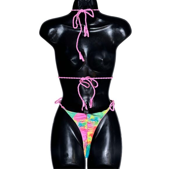 New Small Paste Tie Dye Rainbow Brazilian Bikini Swimsuit Side Tie Triangle Rave - Picture 5 of 5